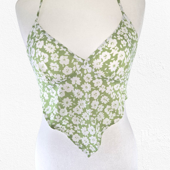 Floral Green White Handkerchief Hem V Neck Halter Tie Back Tank Top Size Medium - Picture 7 of 8